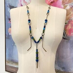 Vintage African Ghana blue green Glass Bead beaded trade Boho Brutalist Necklace